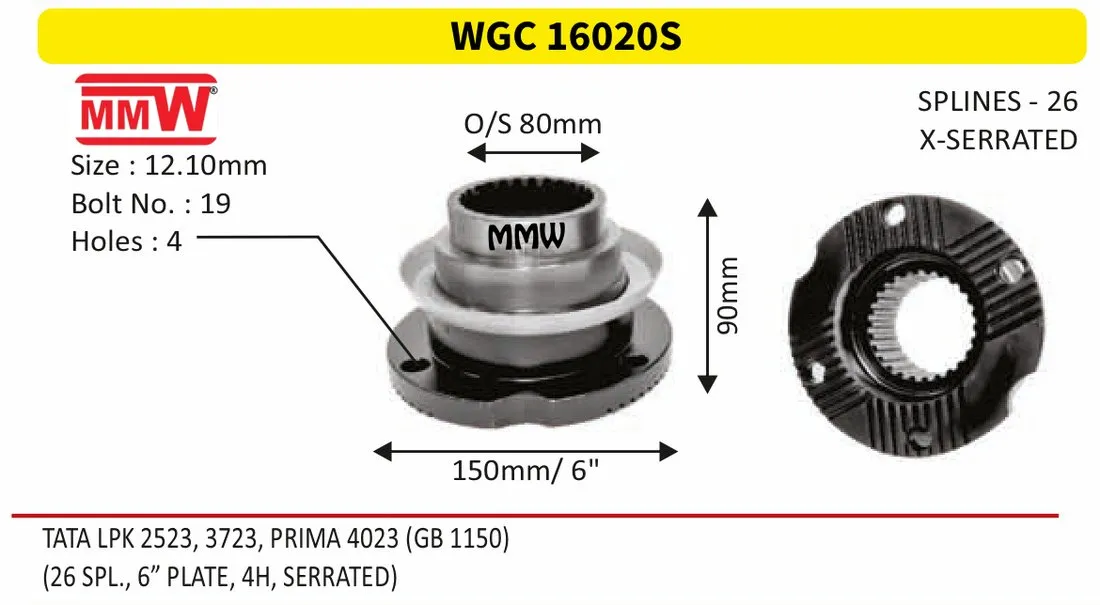 WGC 16020S Gear Box Coupling Flange length 90mm 26 splines for TATA LPK 2523, 3723, PRIMA 4023 (GB 1150) MMW Auto Industries