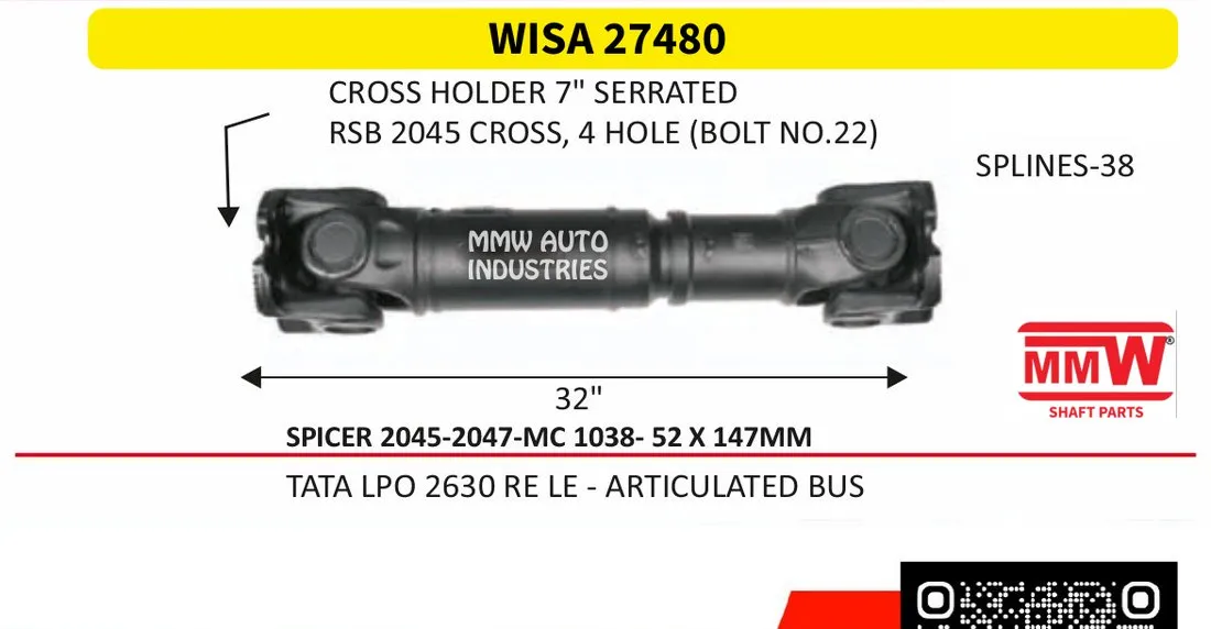 WISA 27480 Interaxle Shaft 52X147 MM 38 splines for TATA LPO 2630 RELE - ARTICULATED BUS MMW Auto Industries
