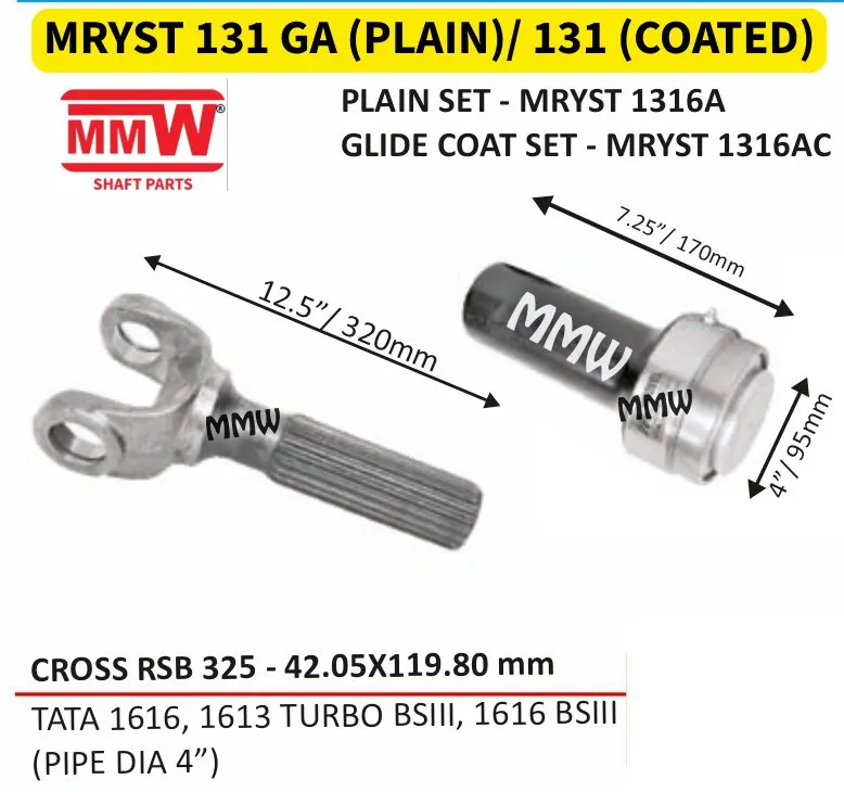 MRYST 131 GA (PLAIN)/ 131 (COATED) Long Fork & Sleeve Bottle Set RSB 325 cross 42.05X119.80 MM length 12.5"/320MM for TATA 1616, 1613 TURBO BSIII, 1616 BSIII, (PIPE DIA MMW Auto In