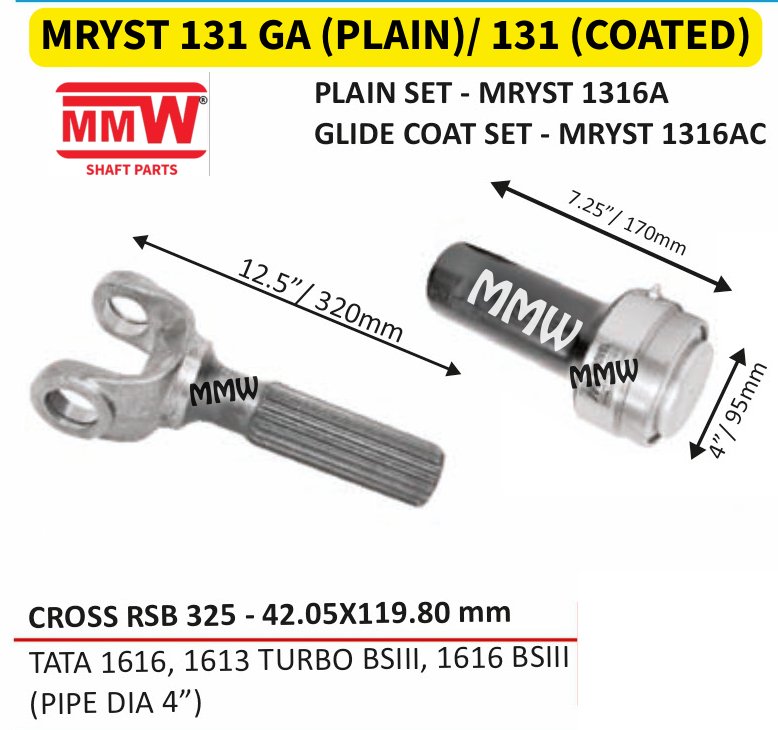 MRYST 131 GA (PLAIN)/ 131 (COATED) Full Sleeve Yoke & Rear Teeth 42.05X119.80 MM length 12.5"/320MM for TATA 1616, 1613 TURBO BSIII, 1616 BSIII, (PIPEDIA4 MMW Auto Industries