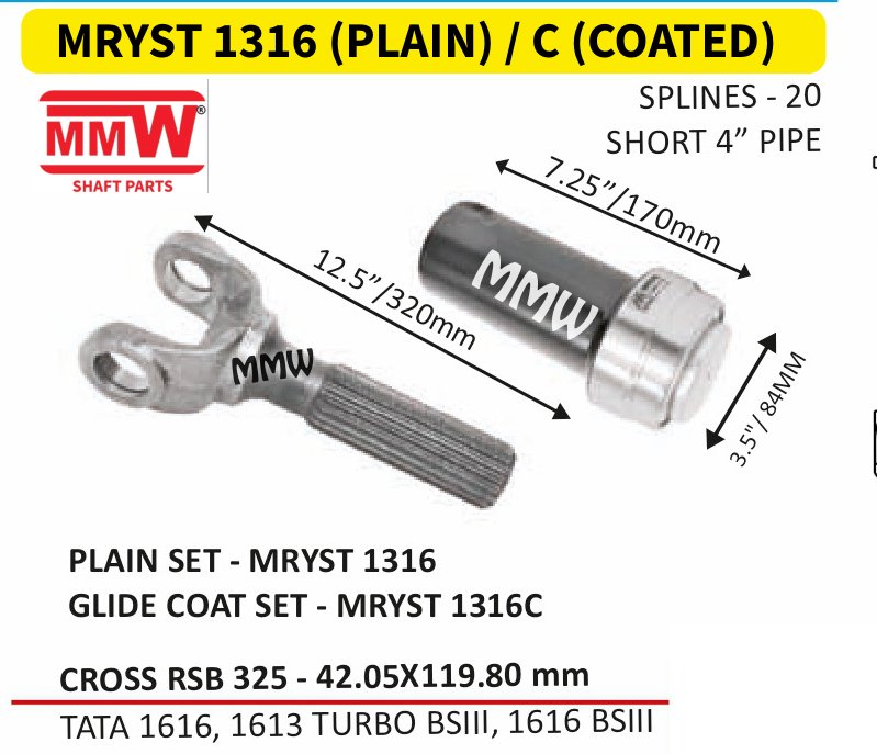 MRYST 1316 (PLAIN) / C (COATED) Full Sleeve Yoke & Rear Teeth 42.05X119.80 MM length 12.5"/320mm 20 splines 4" pipe for TATA 1616, 1613 TURBO BSII, 1616 BSII MMW Auto Industries