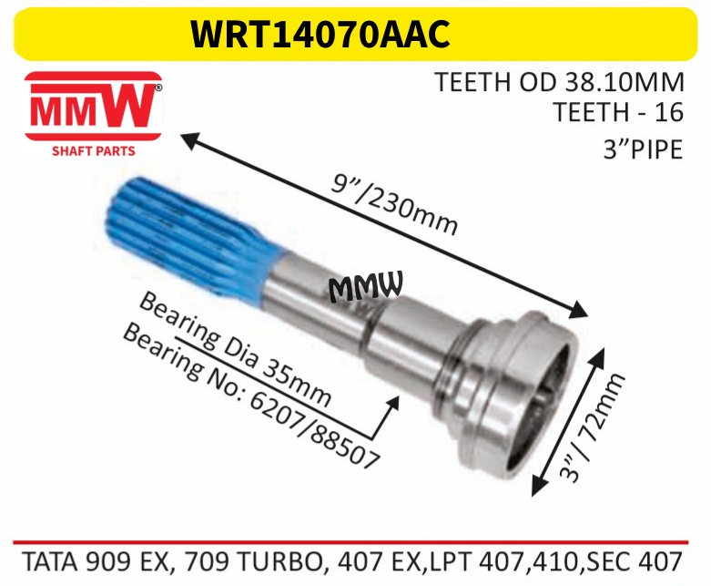 WRT14070AAC Full Sleeve Yoke & Rear Teeth length 9"/230mm 3" pipe for TATA 909 EX, 709 TURBO, 407 EX, LPT 407, 410, SEC MMW Auto Industries