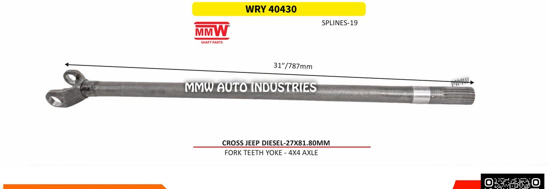 WRY 40430 Full Sleeve Yoke & Rear Teeth Jeep Diesel cross 27X81.80 MM length 31"/787mm 19 splines MMW Auto Industries