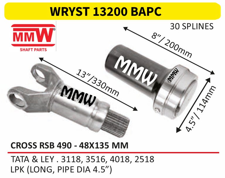 WRYST 13200 BAPC Full Sleeve Yoke & Rear Teeth RSB 490 cross 48X135 MM length 8"/200mm 4.5" pipe for TATA & LEY.3118, 3516, 4018, 2518, LPK (LONG, PIPE MMW Auto Industries