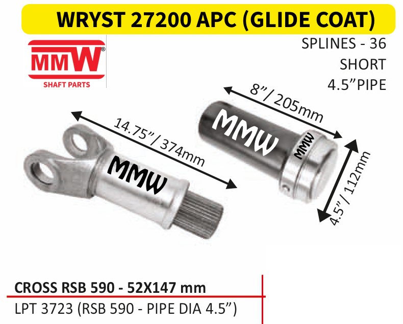 WRYST 27200 APC (GLIDE COAT) Full Sleeve Yoke & Rear Teeth RSB 590 cross 52X147 MM length 8"/205mm 36 splines 4.5" pipe for LPT 3723 (RSB 590 - PIPE DIA 4.5") MMW Auto Industries