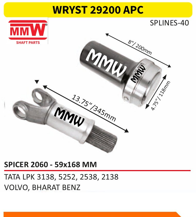 WRYST 29200 APC Full Sleeve Yoke & Rear Teeth 59X168 MM length 8"/200mm 40 splines for TATA LPK 3138, 5252, 2538, 2138, VOLVO, BHARAT BEN MMW Auto Industries