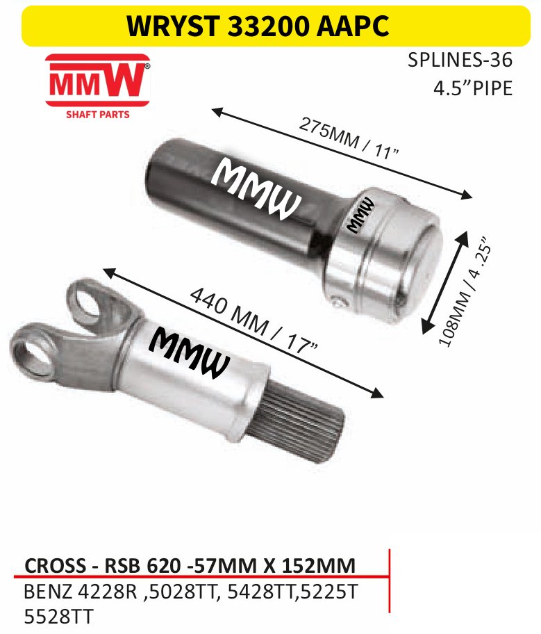 WRYST 33200 AAPC Full Sleeve Yoke & Rear Teeth RSB 620 cross 57X152 MM length 440MM/17" 36 splines 4.5" pipe for BENZ 4228R, 5028 TT, 5428 TT, 5225T, 5528 TT MMW Auto Industries