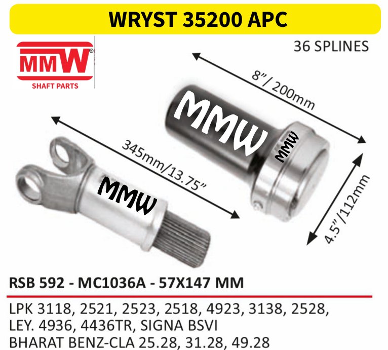 WRYST 35200 APC Full Sleeve Yoke & Rear Teeth 57X147 MM length 8"/200mm for LPK 3118, 2521, 2523, 2518, 4923, 3138, 2528, , LE MMW Auto Industries