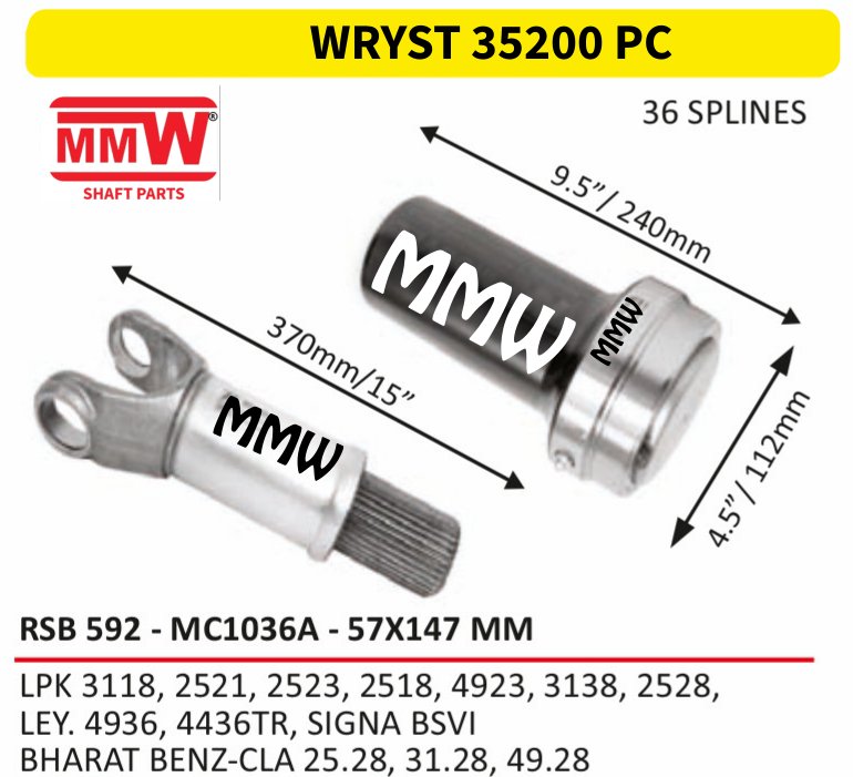 WRYST 35200 PC Full Sleeve Yoke & Rear Teeth 57X147 MM length 370MM/15" for LPK 3118, 2521, 2523, 2518, 4923, 3138, 2528, , LE MMW Auto Industries