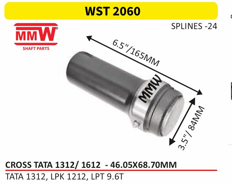 WST 2060 Full Sleeve Yoke & Rear Teeth Tata 1312/1612 cross 46.05X68.70 MM length 6.5"/165 MM 24 splines for TATA 1312, LPK 1212, LPT 9.6T MMW Auto Industries