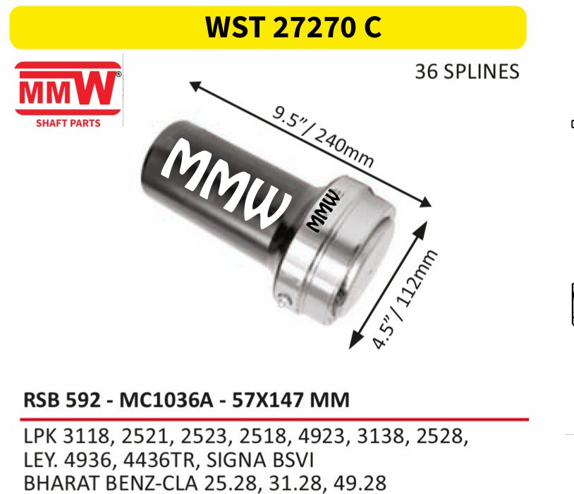 WST 27270 C Full Sleeve Yoke & Rear Teeth 57X147 MM length 9.5"/240mm for LPK 3118, 2521, 2523, 2518, 4923, 3138, 2528, , LE MMW Auto Industries