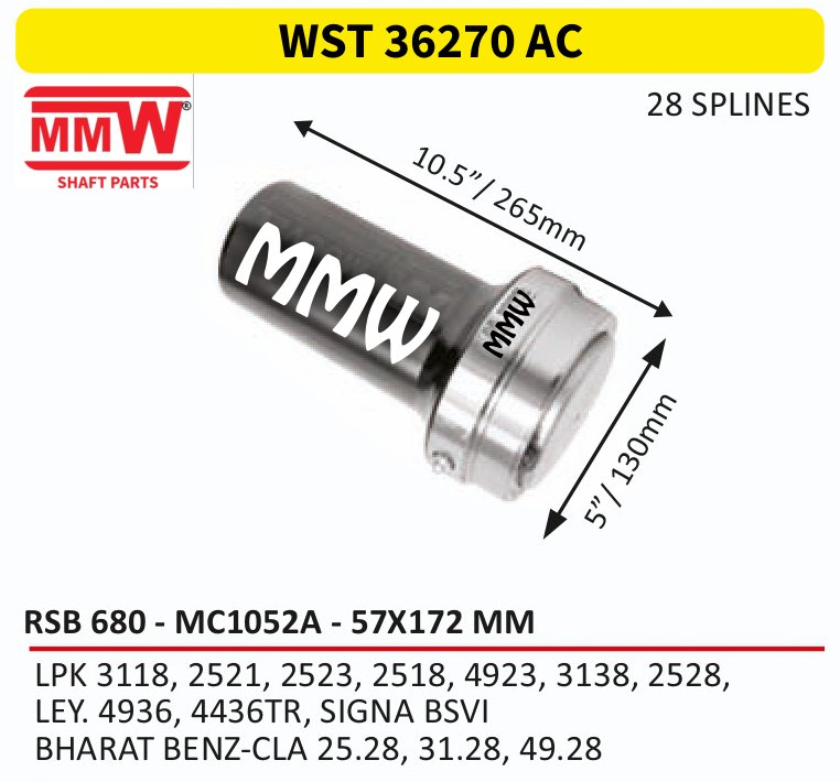 WST 36270 AC Full Sleeve Yoke & Rear Teeth 57X172 MM length 10.5"/265mm for LPK 3118, 2521, 2523, 2518, 4923, 3138, 2528, , LE MMW Auto Industries