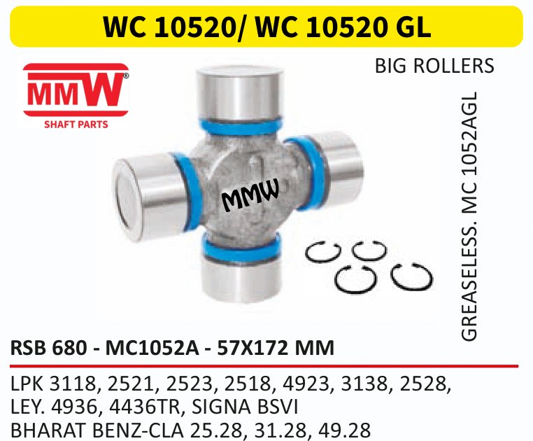 WC 10520/ WC 10520 GL UJ Cross 57X172 MM for LPK 3118, 2521, 2523, 2518, 4923, 3138, 2528,, LEY MMW Auto Industries