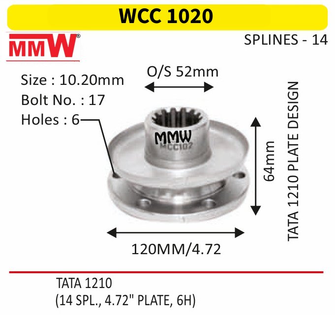WCC 1020 Front Teeth & Centre Coupling Flange length 64mm 14 splines for TATA 1210 PLATE DESIGN, TATA 1210 MMW Auto Industries