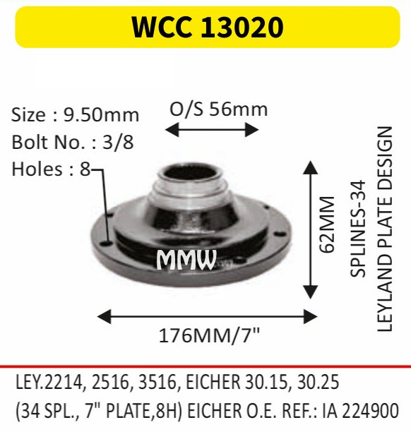 WCC 13020 Front Teeth & Centre Coupling Flange length 62 MM 34 splines for LEYLAND PLATE DESIGN, LEY.2214, 2516, 3516, EICHER MMW Auto Industries
