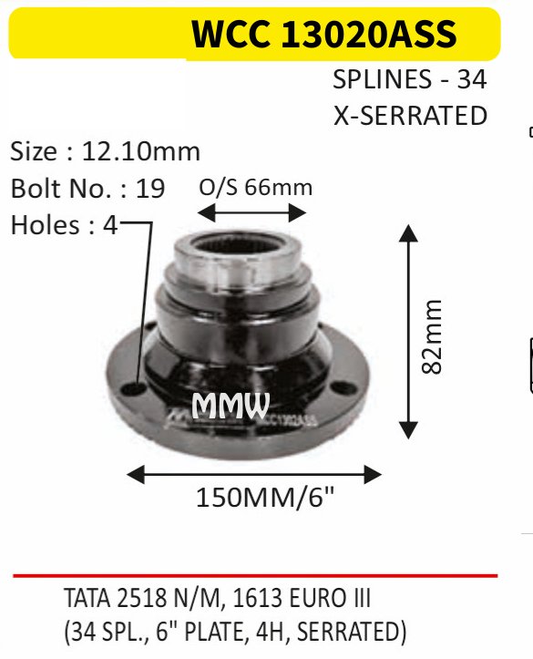 WCC 13020ASS Front Teeth & Centre Coupling Flange length 82mm 34 splines for TATA 2518 N/M, 1613 EURO III MMW Auto Industries