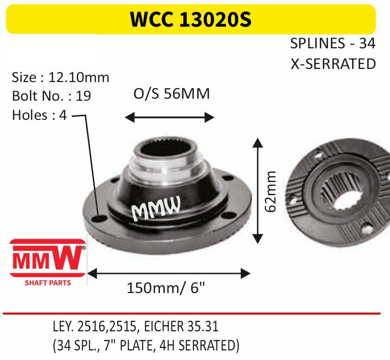 WCC 13020S Front Teeth & Centre Coupling Flange length 62mm 34 splines for LEY. 2516, 2515, EICHER 35.31 MMW Auto Industries