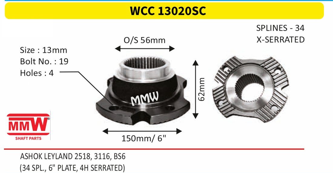 WCC 13020SC Front Teeth & Centre Coupling Flange length 62mm 34 splines for ASHOK LEYLAND 2518, 3116, BS6 MMW Auto Industries