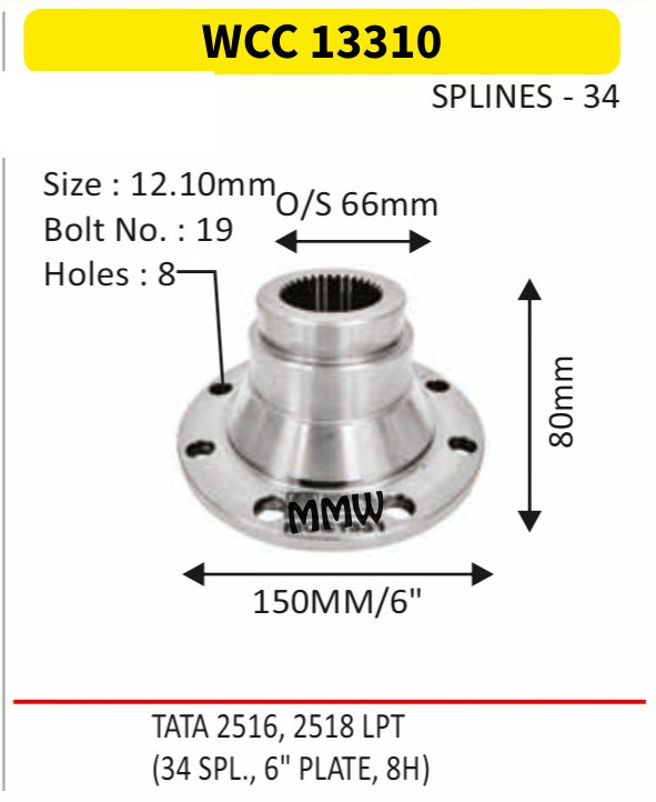WCC 13310 Front Teeth & Centre Coupling Flange length 80mm 34 splines for TATA 2516, 2518 LPT MMW Auto Industries