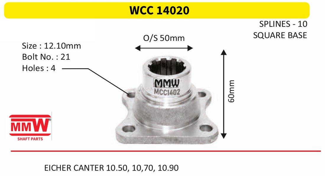 WCC 14020 Front Teeth & Centre Coupling Flange length 60mm 10 splines for EICHER CANTER 10.50, 10, 70, 10.90 MMW Auto Industries