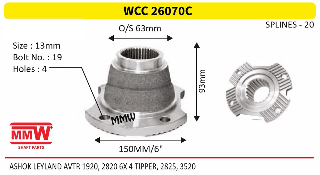 WCC 26070C Front Teeth & Centre Coupling Flange length 93mm 20 splines for ASHOK LEYLAND AVTR 1920, 2820 6X4 TIPPER, 2825, 35 MMW Auto Industries