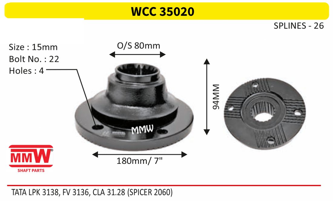 WCC 35020 Front Teeth & Centre Coupling Flange length 94 MM 26 splines for TATA LPK 3138, FV3136, CLA 31.28(SPICER 2060) MMW Auto Industries