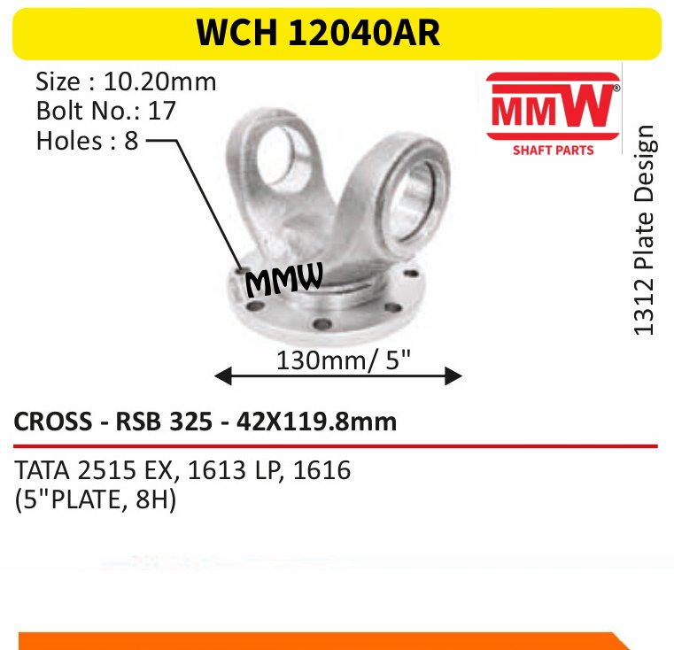 WCH 12040AR Cross Holder (Flange Yoke) RSB 325 cross 42X119.8 MM for TATA 2515 EX, 1613 LP, 1616, (5" PLATE, 8H) MMW Auto Industries