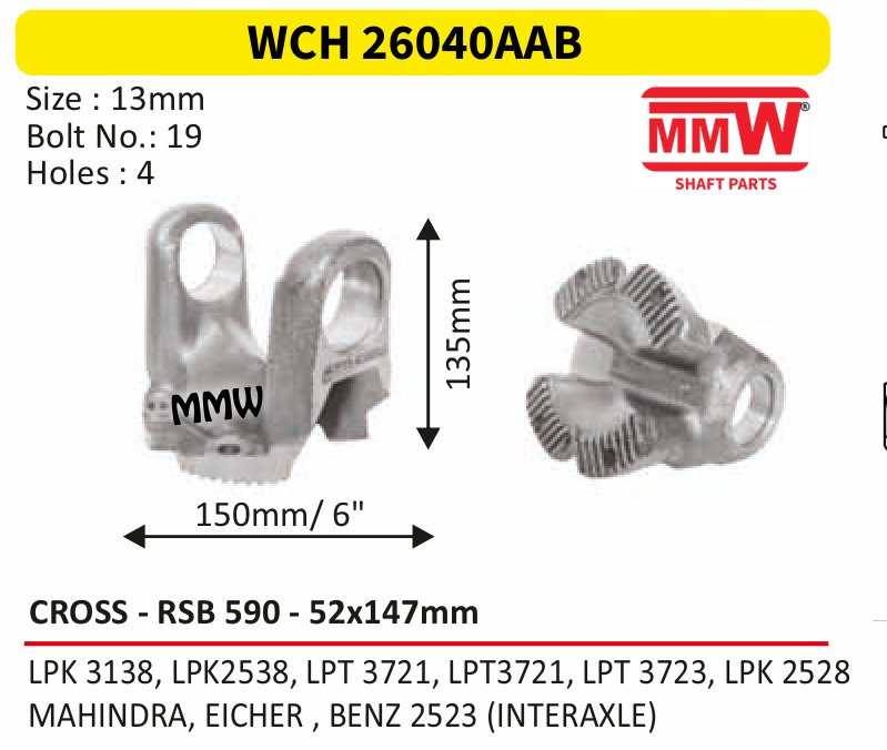 WCH 26040AAB Cross Holder (Flange Yoke) 52X147 MM length 135mm for LPK 3138, LPK 2538, LPT 3721, LPT 3721, LPT 3723, MMW Auto Industries
