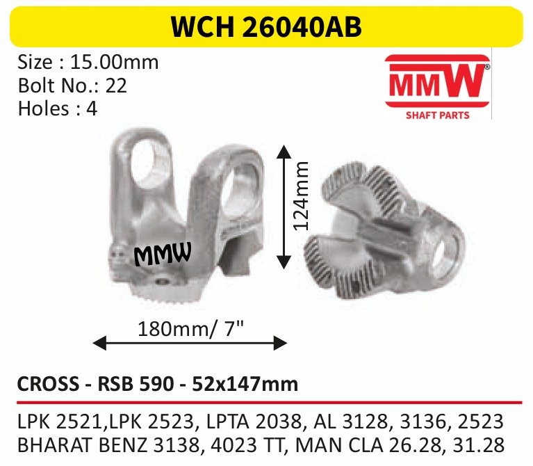WCH 26040AB Cross Holder (Flange Yoke) 52X147 MM length 124mm for LPK 2521, LPK 2523, LPTA 2038, AL 3128, 3136, 2523 MMW Auto Industries