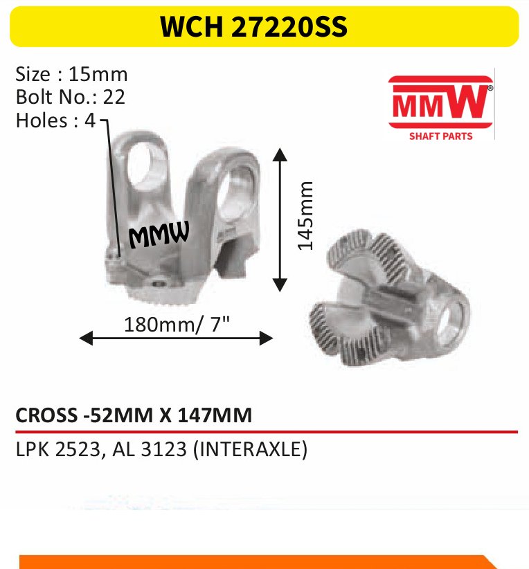 WCH 27220SS Cross Holder (Flange Yoke) 52X147 MM for LPK2523,AL3123(INTERAXLE) MMW Auto Industries
