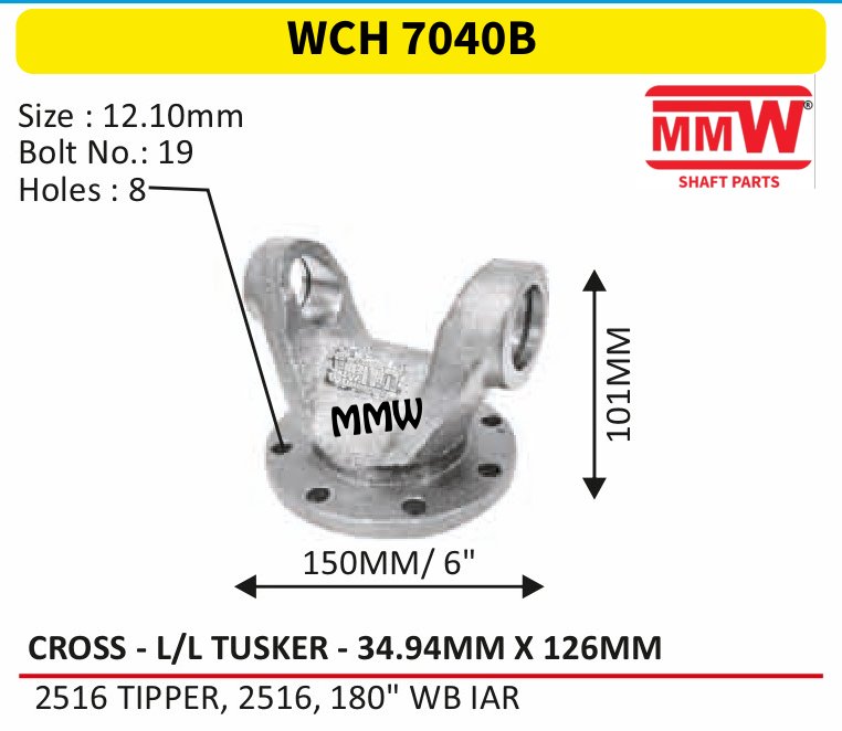 WCH 7040B Cross Holder (Flange Yoke) 34.94X126 MM for 2516TIPPER,2516,180"WBIAR MMW Auto Industries