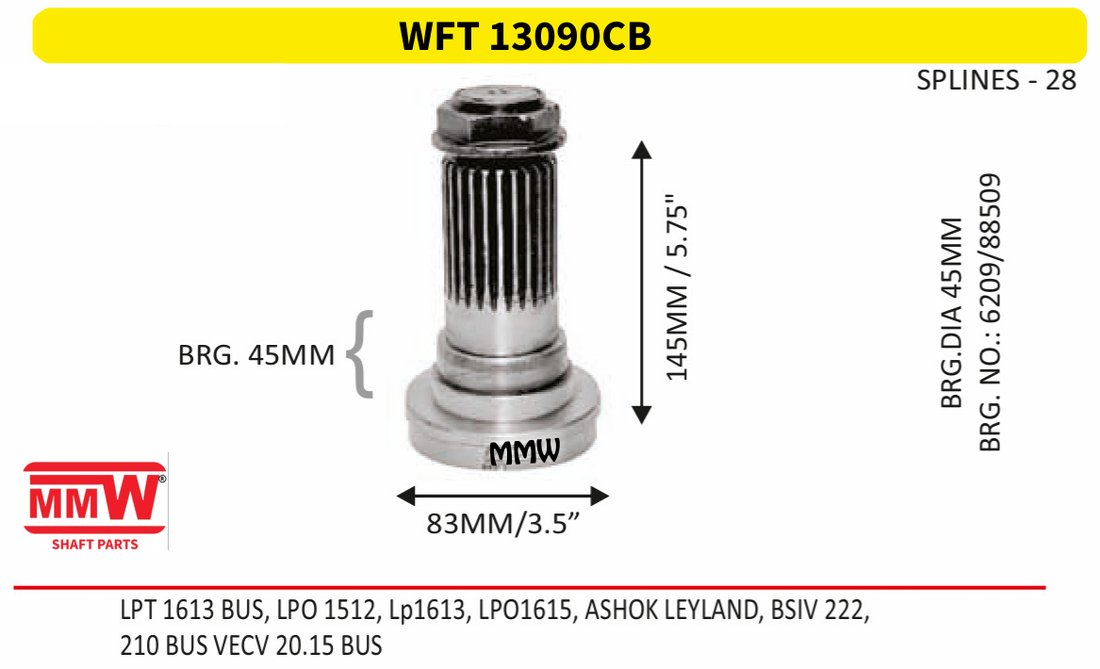 WFT 13090CB Front Teeth & Centre Coupling Flange 28 splines for LPT 1613 BUS, LPO 1512, Lp1613, LPO 1615, ASHOK LE MMW Auto Industries