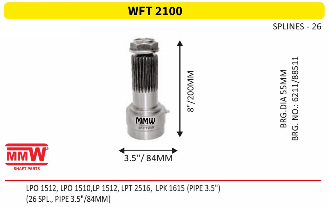 WFT 2100 Front Teeth & Centre Coupling Flange length 8"/200 MM 26 splines 3.5" pipe for LPO 1512, LPO 1510, LP1512, LPT 2516, LPK 1615(PIP MMW Auto Industries