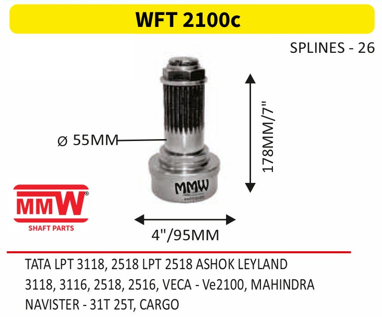 WFT 2100c Front Teeth & Centre Coupling Flange length 55 MM 26 splines for TATA LPT 3118, 2518 LPT 2518 ASHOK LEYLAND, 3118, MMW Auto Industries