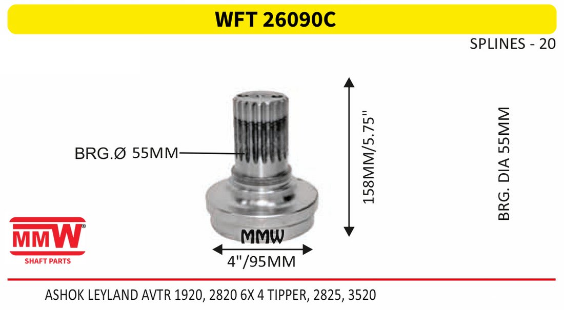 WFT 26090C Front Teeth & Centre Coupling Flange length 4"/95 MM 20 splines for ASHOK LEYLAND AVTR 1920, 2820 6X 4 TIPPER, 2825, 3 MMW Auto Industries