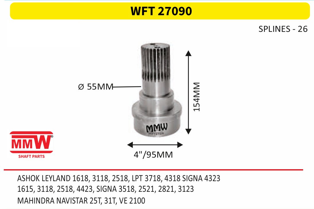 WFT 27090 Front Teeth & Centre Coupling Flange length 154 MM 26 splines for ASHOK LEYLAND 1618, 3118, 2518, LPT 3718, 4318 SIG MMW Auto Industries