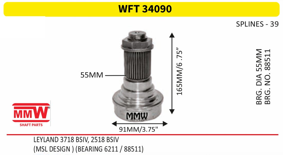 WFT 34090 Front Teeth & Centre Coupling Flange length 55 MM 39 splines for LEYLAND 3718 BSIV, 2518 BSIV MMW Auto Industries
