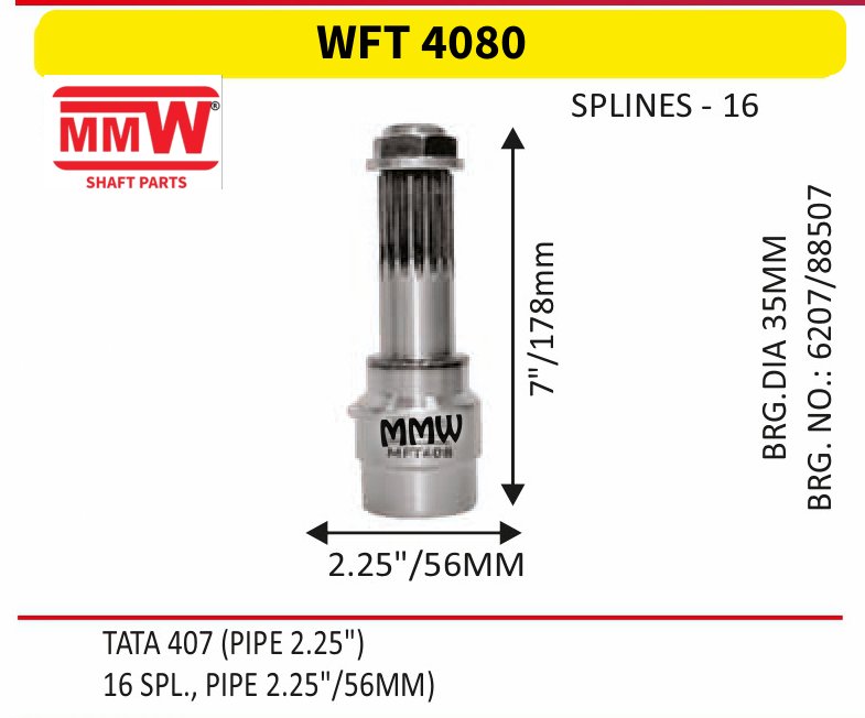 WFT 4080 Front Teeth & Centre Coupling Flange length 7"/178mm 16 splines 2.25" pipe for TATA 407 (PIPE 2.25") MMW Auto Industries