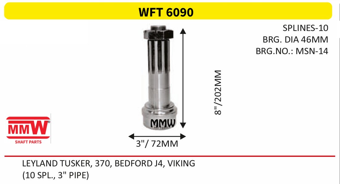 WFT 6090 Front Teeth & Centre Coupling Flange length 8"/202 MM 10 splines 3" pipe for LEYLAND TUSKER, 370,BEDFORDJ4, VIKING MMW Auto Industries