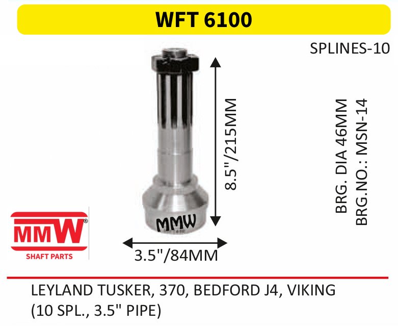 WFT 6100 Front Teeth & Centre Coupling Flange length 8.5"/215 MM 10 splines 3.5" pipe for LEYLAND TUSKER,370,BEDFORDJ4,VIKING MMW Auto Industries