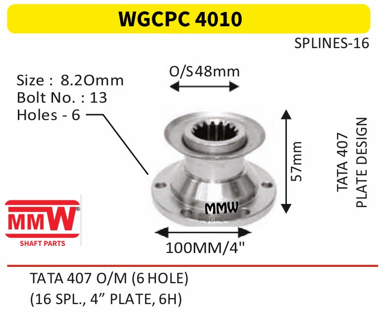 WGCPC 4010 Gear Box Coupling Flange length 57mm 16 splines for TATA 407, TATA407O/M(6HOLE) MMW Auto Industries