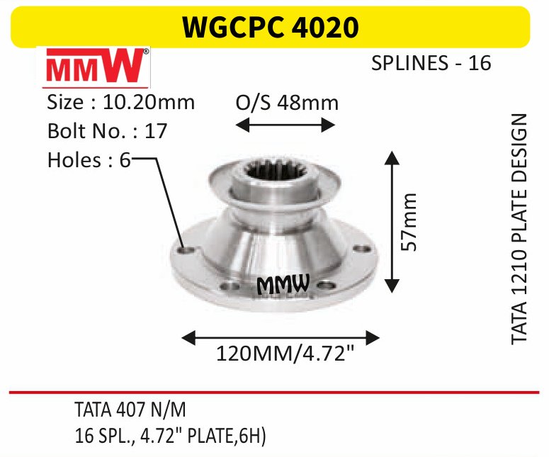 WGCPC 4020 Front Teeth & Centre Coupling Flange length 57mm 16 splines for TATA 1210 PLATEDESIGN, TATA 407 N/M MMW Auto Industries