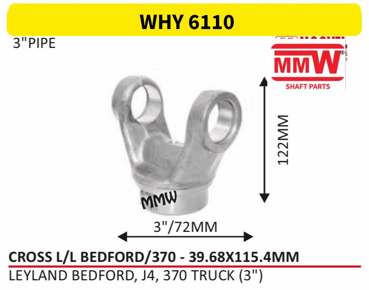 WHY 6110 Stub Ball / Half Yoke End 39.68X115.4 MM length 122 MM 3" pipe for LEYLANDBEDFORD, J 4, 370 TRUCK(3") MMW Auto Industries