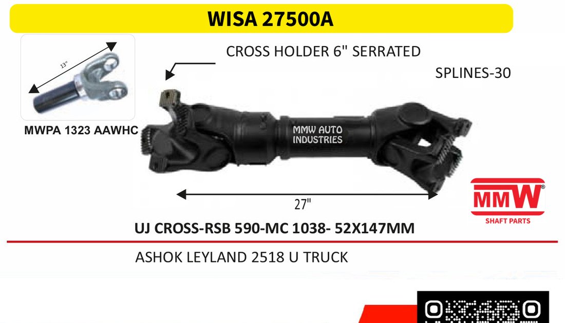 WISA 27500A Interaxle Shaft Assembly 30 splines for ASHOKLEYLAND2518UTRUCK MMW Auto Industries