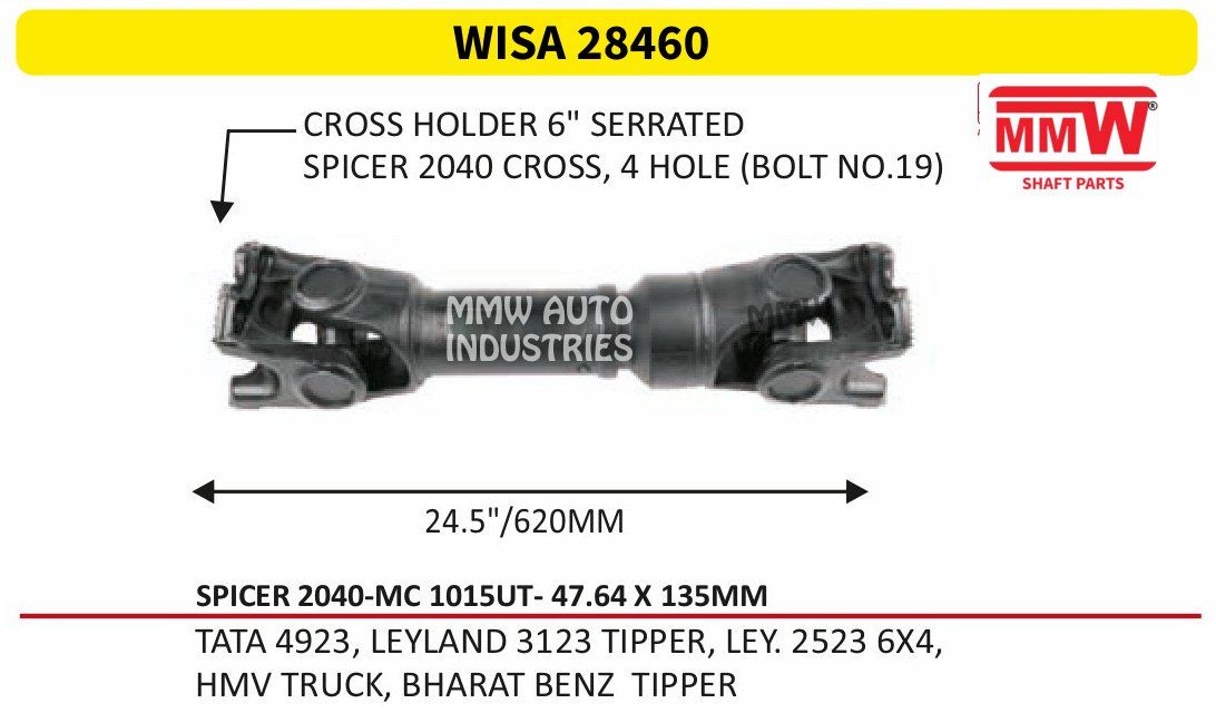WISA 28460 Interaxle Shaft Assembly length 24.5"/620MM for TATA4923,LEYLAND3123TIPPER,LEY.25236X4,, HMVTRUCK, MMW Auto Industries