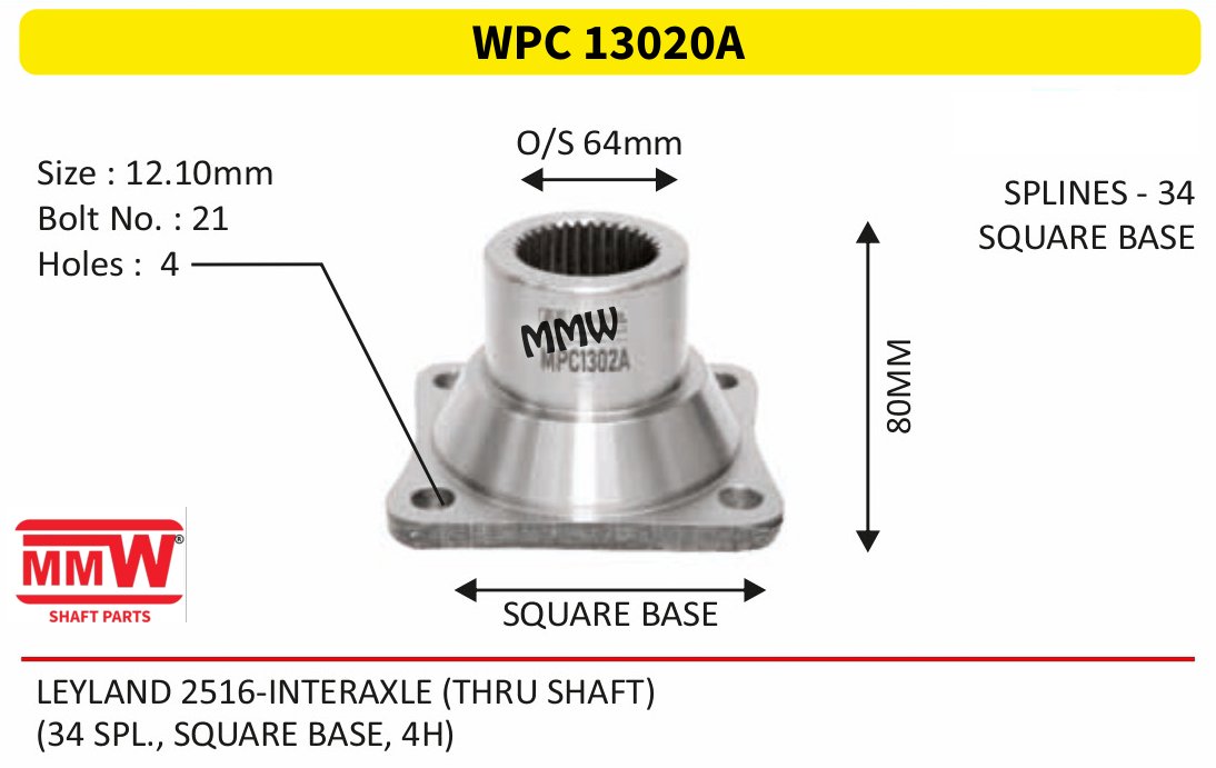 WPC 13020A Pinion / Diff / Input / Thru Shaft Coupling Flange length 80 MM 34 splines for LEYLAND 2516-INTERAXLE (THRU SHAFT) MMW Auto Industries