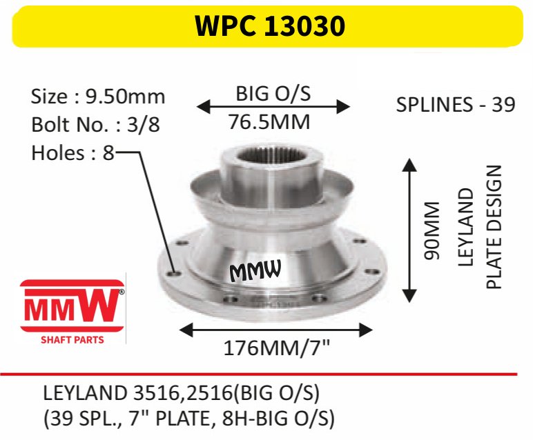 WPC 13030 Pinion / Diff / Input / Thru Shaft Coupling Flange length 76.5 MM 39 splines for LEYLAND, LEYLAND 3516, 2516(BIG O/S) MMW Auto Industries
