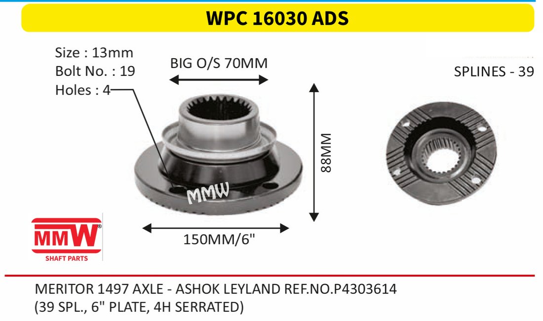 WPC 16030 ADS Pinion / Diff / Input / Thru Shaft Coupling Flange length 88 MM 39 splines for MERITOR 1497 AXLE -ASHOK LEYLAND REF.NO.P4303614 MMW Auto Industries