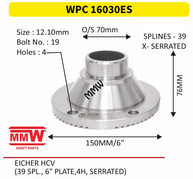 WPC 16030ES Pinion / Diff / Input / Thru Shaft Coupling Flange length 76 MM 39 splines for EICHER HCV MMW Auto Industries
