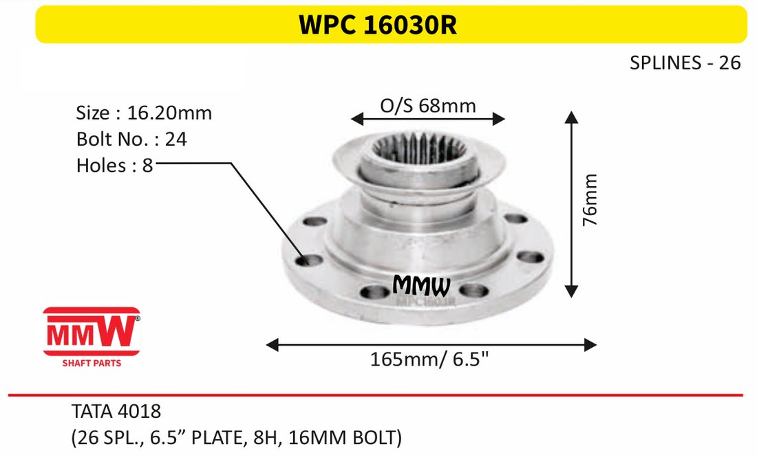 WPC 16030R Pinion / Diff / Input / Thru Shaft Coupling Flange length 76mm 26 splines for TATA 4018 MMW Auto Industries